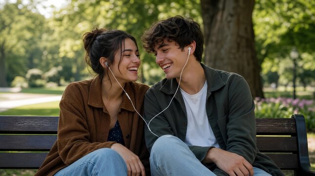 A smiling young couple shares wired earbuds on a park bench under leafy trees, useful for campaigns about music, dating, friendship, or outdoor leisure.