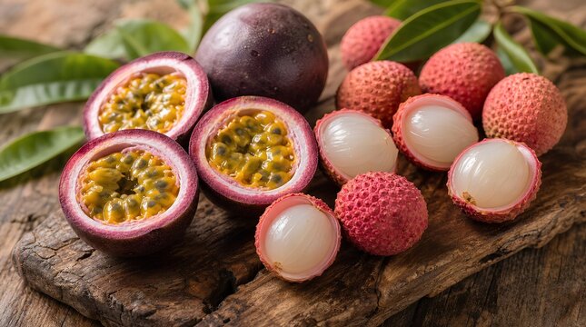 Fresh passion fruit halves and opened lychees rest on rustic wood with green leaves, ideal for tropical food, healthy eating, and recipe promotions.