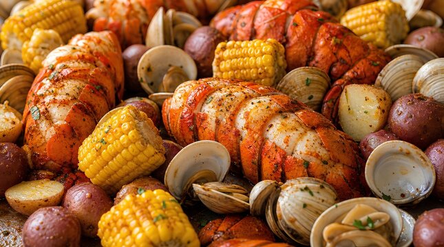 A seasoned seafood boil with lobster tails, clams, corn, and red potatoes fills the frame, ideal for restaurant menus or coastal dining promotions.