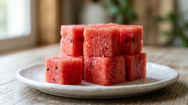 Juicy watermelon cubes with visible seeds sit stacked on a white plate on a rustic wooden table for refreshing summer snack, healthy eating, or caf&eacute; menu promotions.