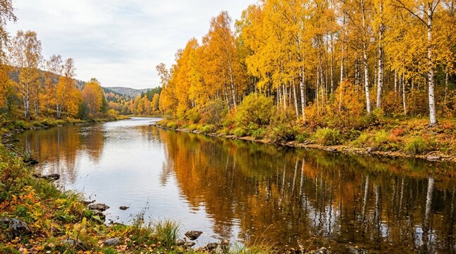 A calm river reflects golden birch trees in an autumn forest, ideal for travel brochures, seasonal campaigns, nature calendars, and wellness backgrounds.