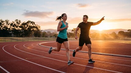 Fototapeta premium Two adult runners train on a red athletics track at sunset, with one man pointing ahead, useful for fitness, teamwork, coaching, and motivation campaigns.
