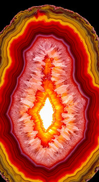 Slice of red and yellow agate with concentric layers and crystalline center, abstract natural pattern, symbolic of energy and transformation