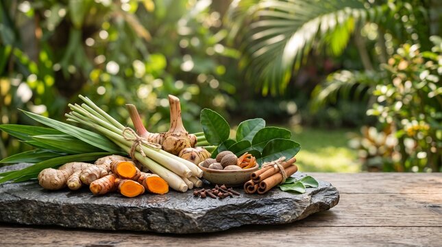 A beautiful collection of fresh Indonesian herbs softly blurred tropical garden background