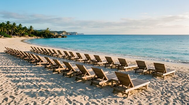 Rows of wooden lounge chairs line a quiet tropical beach beside turquoise water and palm trees, ideal for resort travel, vacation, and hospitality promotions.