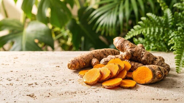 Fresh turmeric rhizomes with vibrant orange slices arranged naturally on a light travertine stone surface, soft green tropical foliage in the blurred background