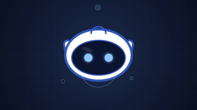 Futuristic ai robot head mascot blinking on dark blue background