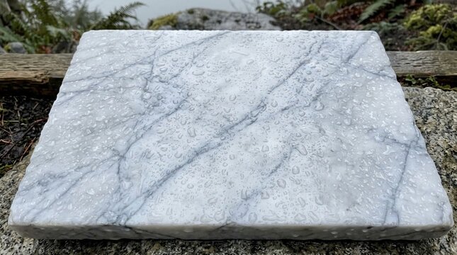 A rain-speckled white marble slab rests horizontally on an outdoor garden stone wall, showing gray veining for material, renovation, or design advertising.