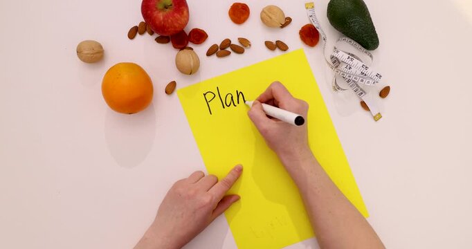 Top-down motion scene of hands actively writing 'Plan diet.' on bright yellow notecard placed diagonally on pale tabletop, surrounded by whole orange, red apple, avocado, dried apricots,