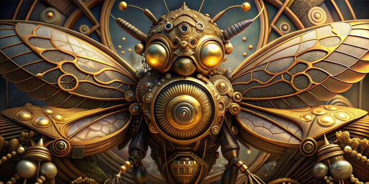 Symmetrical Golden Steampunk Insect with Intricate Gears and Glowing Eyes, Featuring Wide Spread Wings