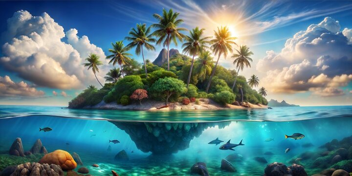 Vibrant Tropical Island with Rocky Peaks and Palm Trees, Over-Under Water with Swimming Fish, Sunny Day