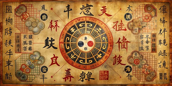 Ornate Chinese scroll featuring a central yin-yang symbol and bagua array, surrounded by calligraphic text, antique coins, and traditional motifs