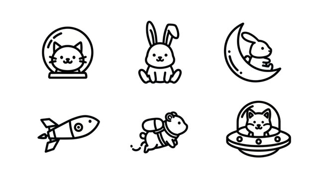 Space exploration animals in outer space line icons.