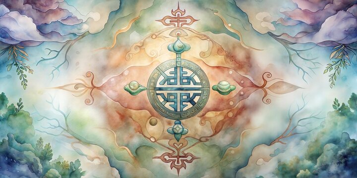 Serene Watercolor Mandala with Organic Forms and a Central Celtic Knot on a Dreamy Background
