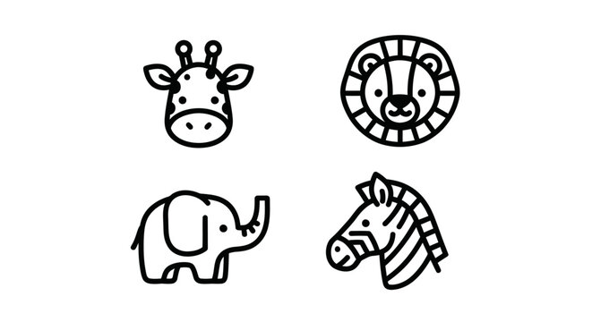 Wild animal icon set with giraffe lion elephant and zebra.