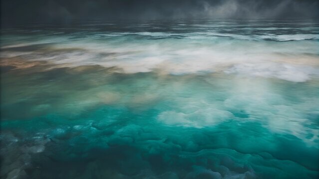 Dynamic Ocean Surface Under a Stormy Sky with Turbulent Waves and Swirling Teal and Brown Water