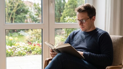 Fototapeta premium Man wearing glasses reading a book while sitting in a chair by a window with a garden view