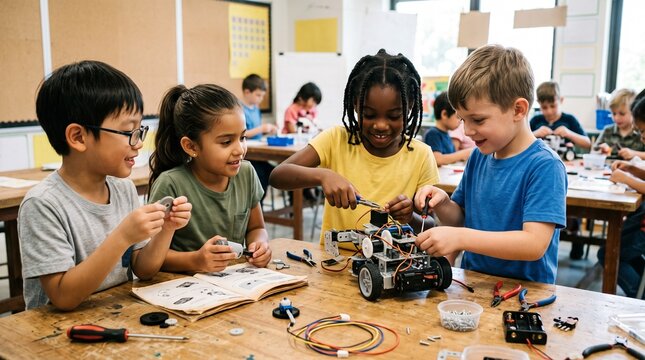 Diverse group of elementary school children engaged in a robotics class building a robot together
