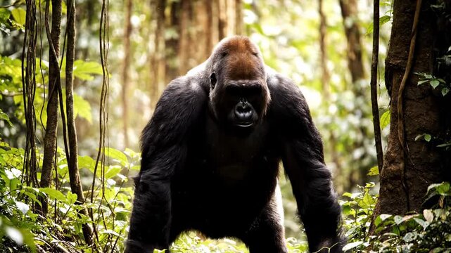 A mighty silverback gorilla moves through the dense tropical rainforest landscape while staring directly at the observer during its daily exploration of the wild African habitat under natural