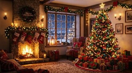 Obraz premium Cozy Christmas Living Room Scene With Fireplace Tree And Snowing Window