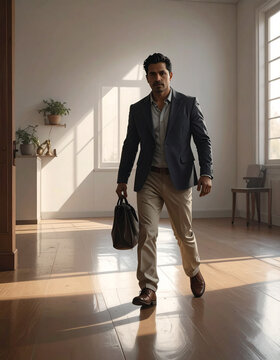 Man walking indoors with briefcase