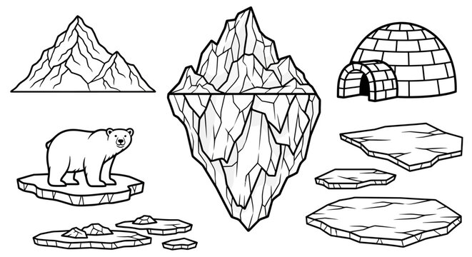 Arctic Iceberg, Polar Bear, Igloo, Mountains, Ice Floes Vector Illustration