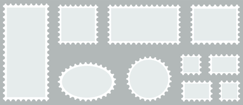 Blank postage stamp templates set with perforated edges in various shapes including rectangle square oval and circle vector frames for mail design