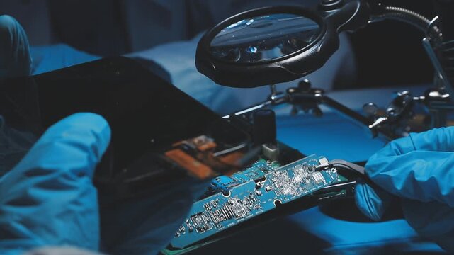 Technician inspecting a circuit board with a magnifying glass. Close up of hands in blue gloves working on microelectronics in a laboratory.