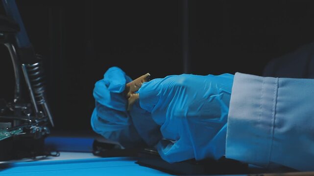 Technician inspecting a circuit board with a magnifying glass. Close up of hands in blue gloves working on microelectronics in a laboratory.