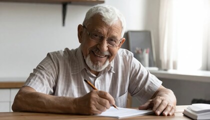 Fototapeta premium Smiling senior man with white hair and glasses writing on paper with a pencil at a wooden desk, looking at the camera.