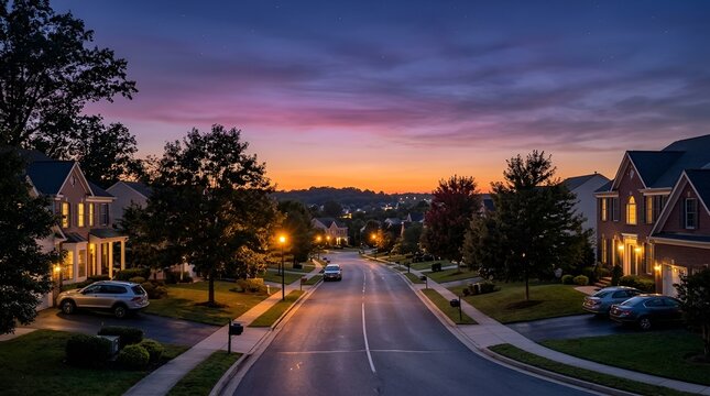 Suburban Street at Dusk with Colorful Sky, Warm House Lights & Trees