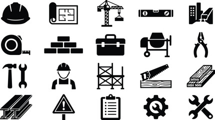 Fototapeta premium Construction icons set, architecture and building tools icon collection, black silhouettes vector