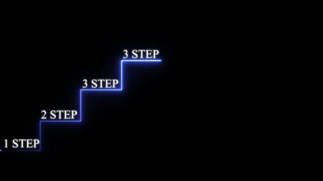 Blue neon glowing staircase showing progress with text labels for one step two step and three step on a solid black background for interface