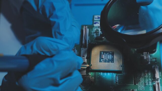 Technician inspecting a circuit board with a magnifying glass. Close up of hands in blue gloves working on microelectronics in a laboratory.
