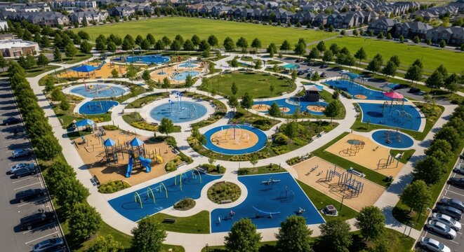 Sprawling modern park with water features and playgrounds, offering outdoor recreation for families