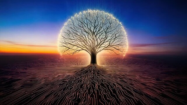 A glowing tree with roots like circuits, against a sunset sky
