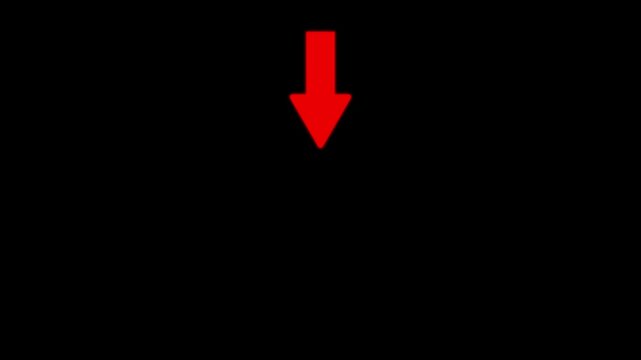 Solid red arrow pointing downwards isolated on a solid black background for navigation or direction indication in digital projects