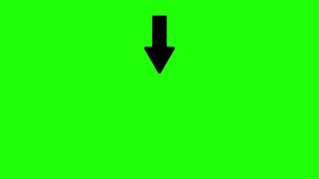 Solid black arrow pointing downwards isolated on a bright green background for navigation or direction indication in digital projects