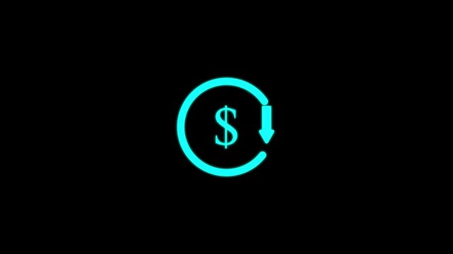 Cyan dollar sign inside a circular arrow with a downward pointing arrow on a black background representing financial loss or devaluation