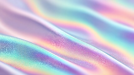 Obraz premium A close-up shot of soft, draped iridescent holographic fabric catching the light with pastel rainbow gradients of purple, blue, and pink.