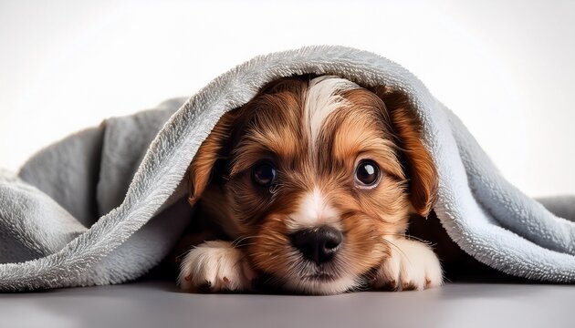 small puppy lying down with sad expression wrapped in soft towel
