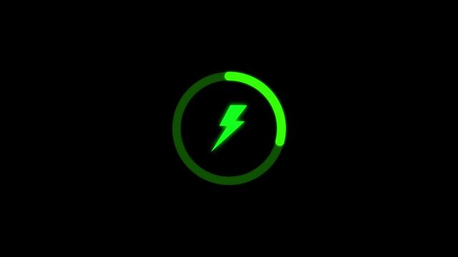 Green lightning bolt inside a circular loading progress bar animation isolated on a black background for digital interface
