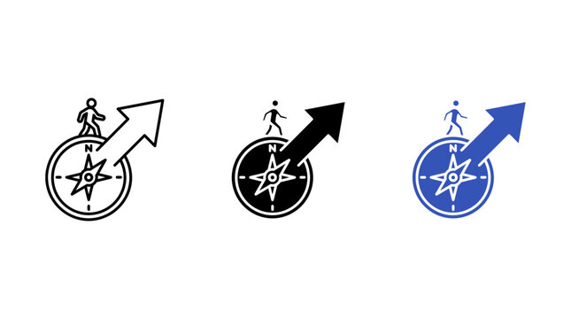 Business direction and strategic navigation icon set featuring a person walking on a compass with an upward diagonal arrow pointing north-east in line, glyph, and flat design styles