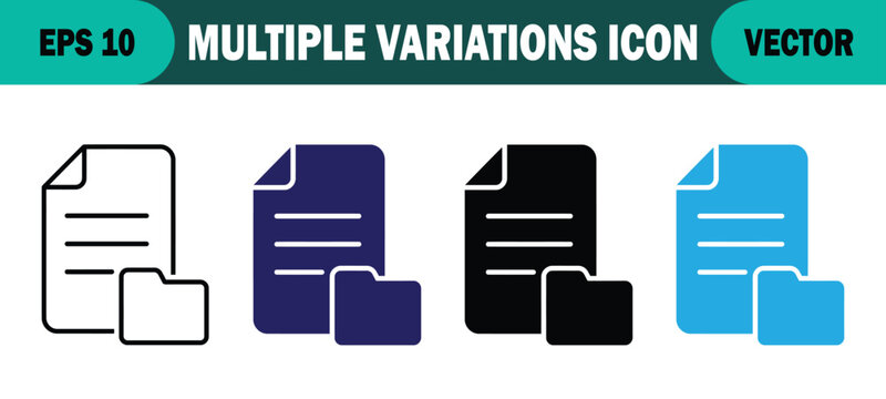 Document file folder storage icon set in flat outline and solid styles with document business organize management