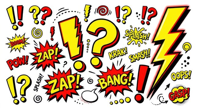 Confused cartoon character with question marks and lightning bolts. Comic book style explosion effects for chaos and surprise concepts.