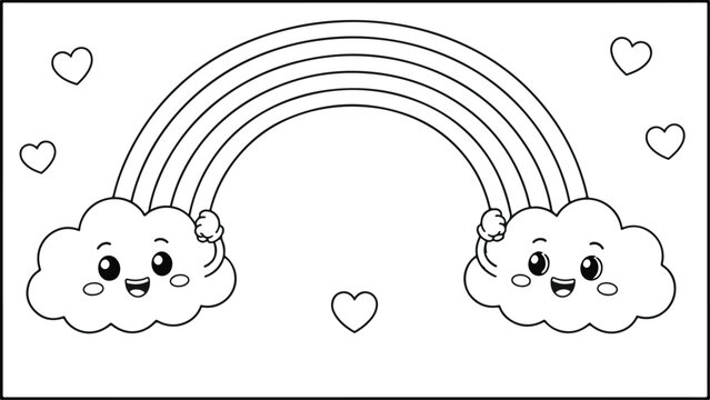 Two cartoon sheep under a colorful rainbow with hearts. Cute cloud animals in love celebrating spring or LGBTQ+ pride with joyful weather.