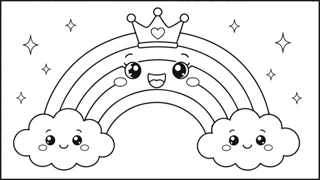 Cute cartoon clouds forming a rainbow bridge with crown. Whimsical weather illustration featuring smiling fluffy sky characters and decorative arch.