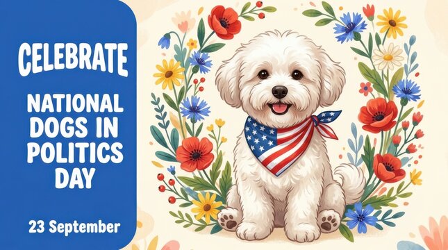 National Dogs in Politics Day celebration with cheerful white dog. Cute pet wearing patriotic bandana surrounded by vibrant floral background.