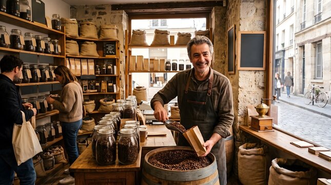 Smiling shopkeeper scooping fresh coffee beans from a wooden barrel in a rustic local store.