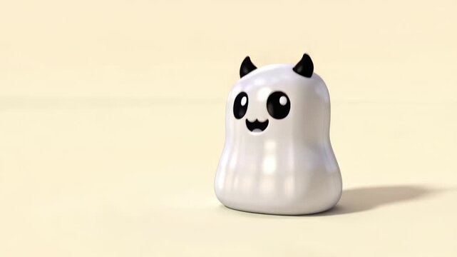 A cute, shiny white blob creature with small black horns and a happy face, rendered in 3D against a simple light background.